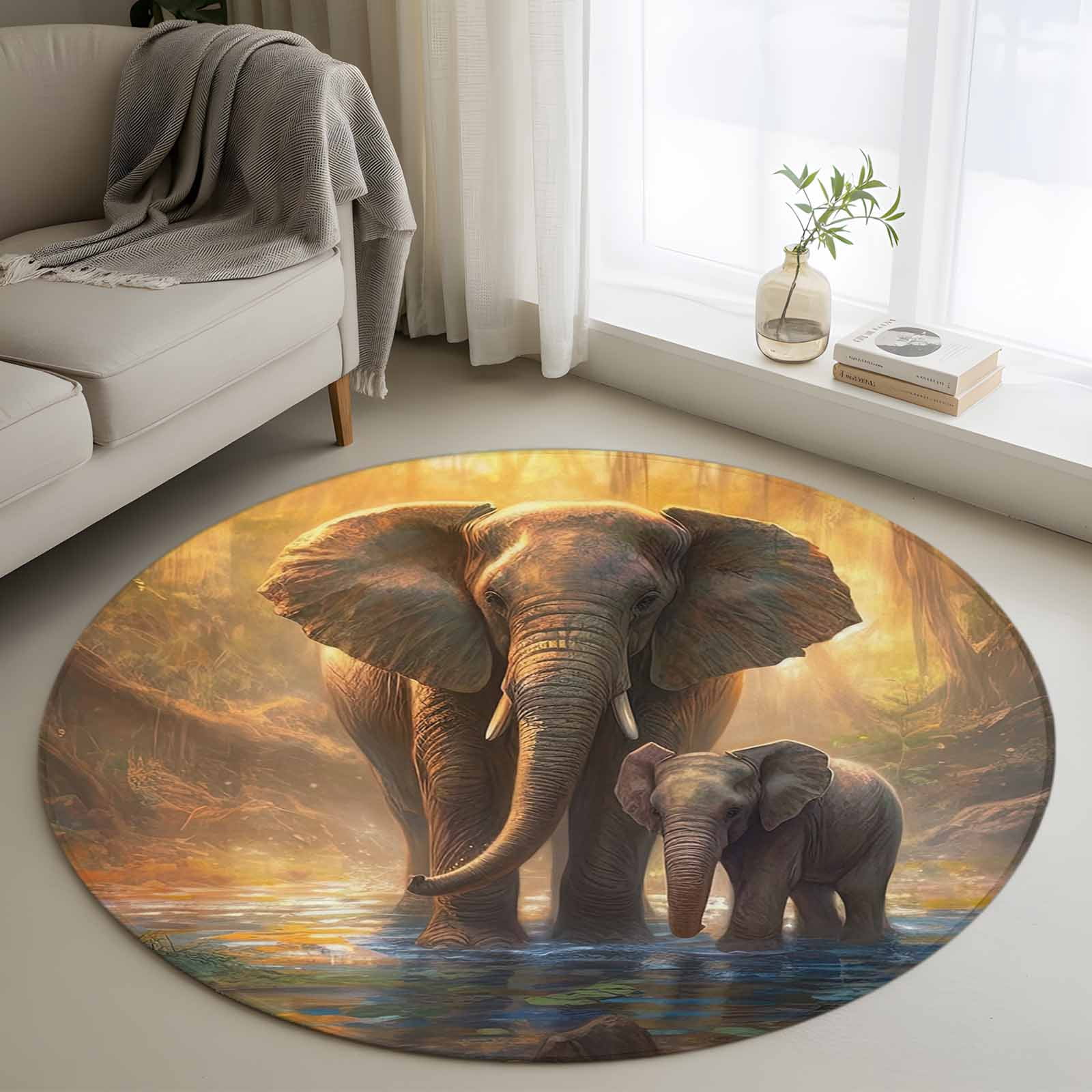 Elephant Round Rugs for Living Room 4ft Animal Forest River Yellow Oil ...