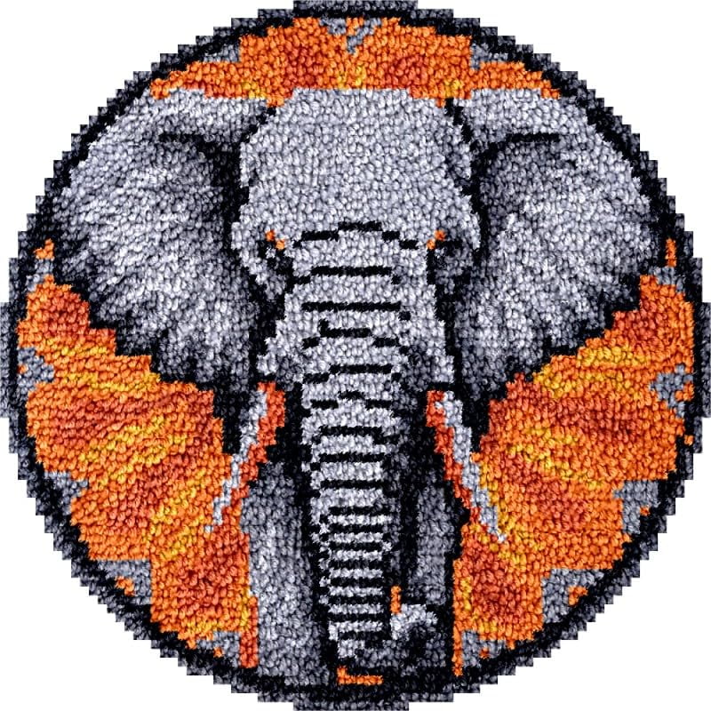 Elephant Round Shape Latch Hook Rug Kits Set for Starter Crochet Hook Cushion Mat Sofa Seat Cushion Crocheting Kits with Preprinted Canvas Crochet Yarn Kits 50X50CM (fi5)