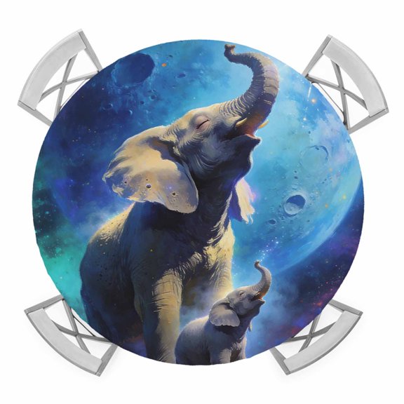 Elephant Round Table Cover, Watercolor Roaring Elephant Fantasy Universe Planet Tree Waterproof Fitted Tablecloths for 36"-44" Tables, Washable Picnic Table Cover for Camping Dining Indoor Outdoor