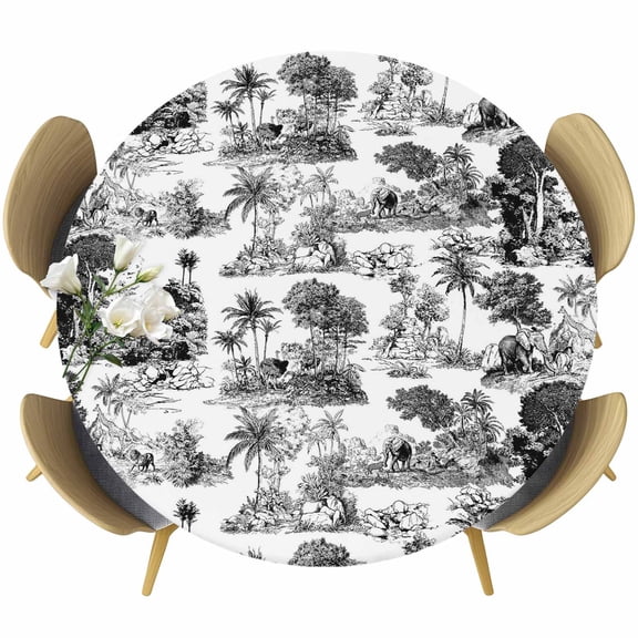Elephant Round Tablecloth 45-54 Inch Round Fitted Table Cloth with Elastic Edge, Black White Tropical Forest Trees Animals Waterproof Table Cover Protector for Outdoor Picnic Party Dining