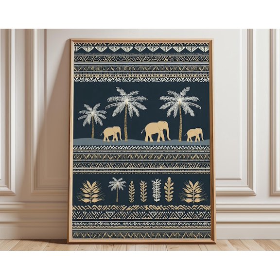 Elephant Safari African Boho Tribal Pattern Exotic Jungle Palm Tree Wall Art Print, Unframed Paper Poster 24x36in