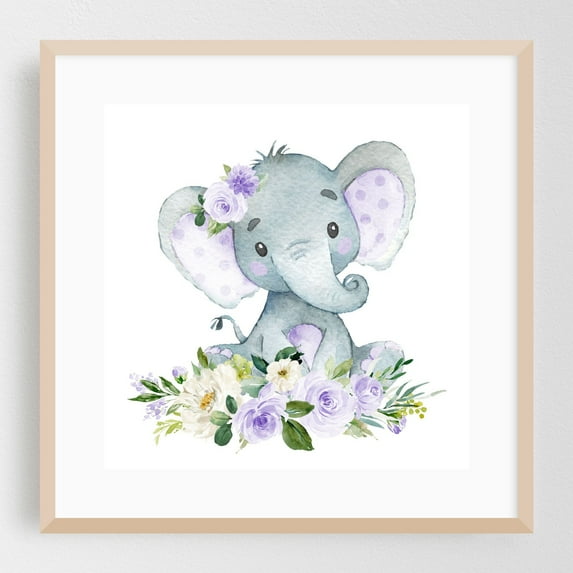 Elephant, Safari Animals, Jungle Animals, Purple Flowers, Gender Neutral Nursery - Illustration Watercolor Animal Floral Whimsical Oak Framed Wall Art Print 8 x 8 inches