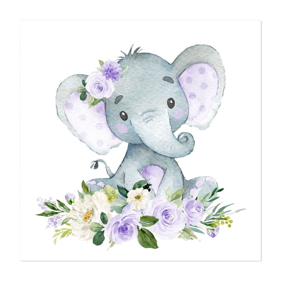 Elephant, Safari Animals, Jungle Animals, Purple Flowers, Gender Neutral Nursery - Illustration Watercolor Animal Floral Whimsical Unframed Wall Art Print 8 x 8 inches