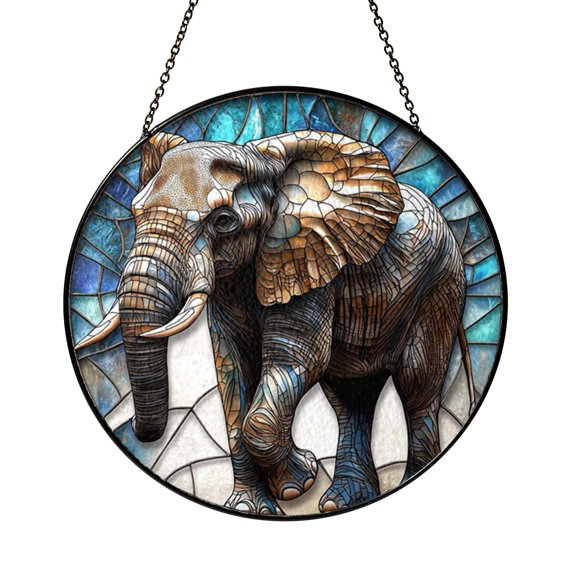 Elephant Safari Window Hanging Suncatcher, Stained Glass Style Jungle Nature Decor