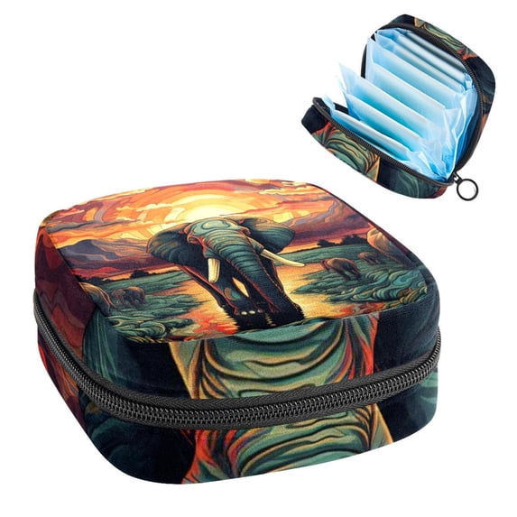 Elephant Sanitary Napkin Bag Pouch with Zipper, Period Purse Large Pouch with Zipper for Women, Velvet, Sponge, Oxford Cloth Material