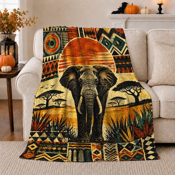 Elephant Savanna At Sunset Vintage Tribal Framed, Peaceful Bird Art Scene, Warm Flannel Blanket for Living Room and Reading Nook, Bird Lovers Friendship Gift, Artistic Home Decor