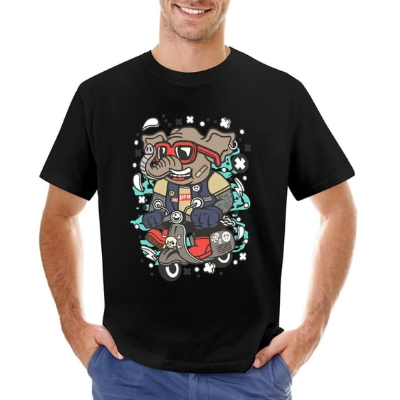 Elephant Scooterist Vintage T-shirt Mens Cotton Classic Crewneck Short Sleeve Tees Unisex Black XS