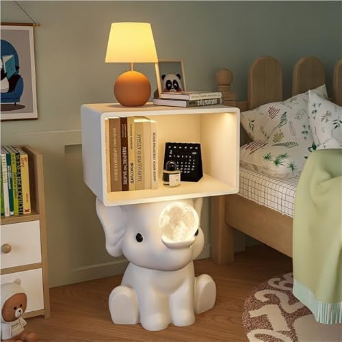 Elephant Shaped Nightstand with Night Light and Open Storage Shelf, Cute Side Table for Bedroom, Living Room, Modern Decor with Storage$$Home Decor, Kitchen, & Other