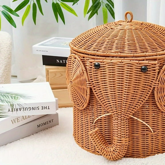 Elephant-Shaped Storage Basket - Durable Plastic Woven Design Organizer for Toys, Clothes & Living Room Decor - Contemporary Home Decor with Sturdy Handles, Toy Storage Basket |