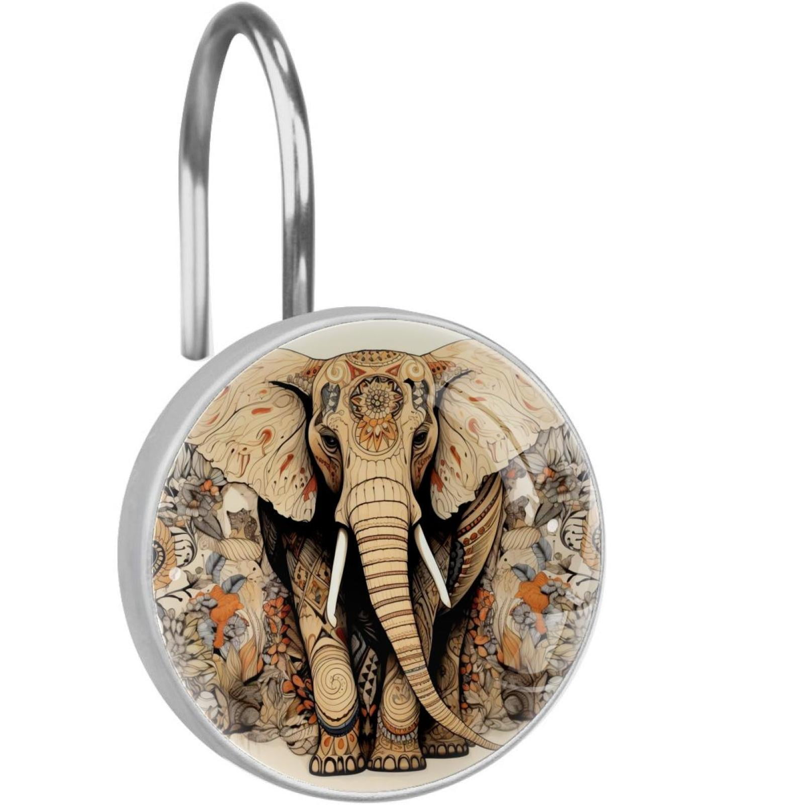 Elephant Shower Curtain Hooks （Set of 12） for Home Hotel Shower Rods Bathroom Crystal Glass Print Stainless Steel Round Curtain Hooks