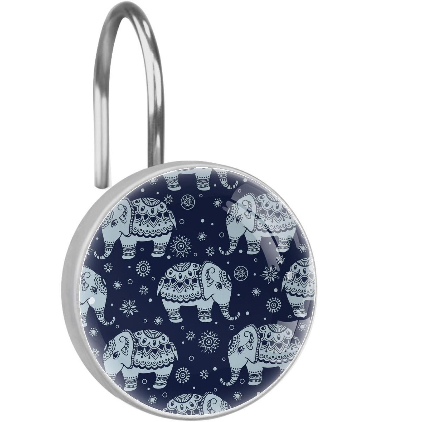Elephant Shower Curtain Hooks（Set of 12）for Home Hotel Shower Rods Bathroom Crystal Glass Print Stainless Steel Round Curtain Hooks