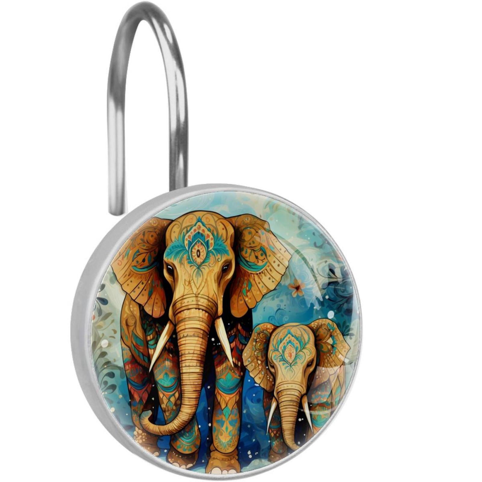 Elephant Shower Curtain Hooks （Set of 12） for Home Hotel Shower Rods Bathroom Crystal Glass Print Stainless Steel Round Curtain Hooks