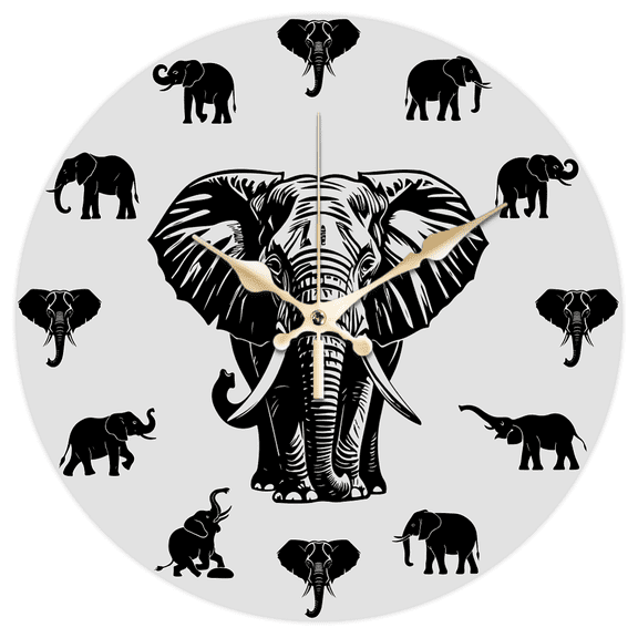 Elephant Silhouette Pattern Wall Clock 12 Inch Non-Ticking Clocks Round Wall Hanging Clock Battery Operated for Bedroom Living Room