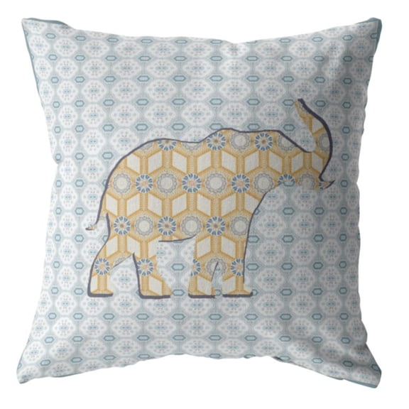 Elephant Silhouette Throw Pillow with Removable Cover in Yellow on Light Blue 16x16