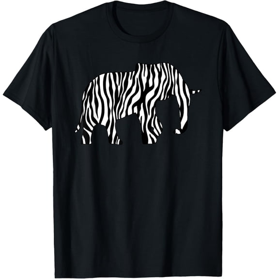 Elephant Silhouette - Zebra Stripes Black White T-Shirt men and women can wear, black, white, gifts