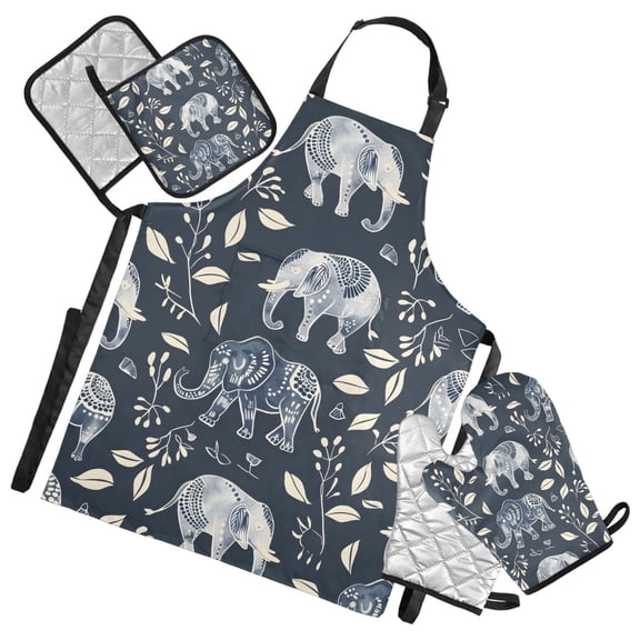Elephant Silhouette and Plants 5 Pcs Kitchen Set Heat Resistant Oven Mitts and Non-Slip Pot Holders with Adjustable Cooking Apron