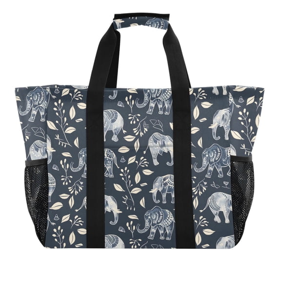Elephant Silhouette and Plants Reusable Grocery Bags with Handle Side Pocket Waterproof Shopping Portable Tote