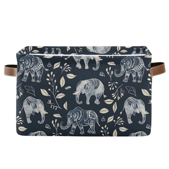 Elephant Silhouette and Plants Storage Bins with Handle Fabric Organizer Basket Foldable Box 1 Pack 14.2x10.2x8.3