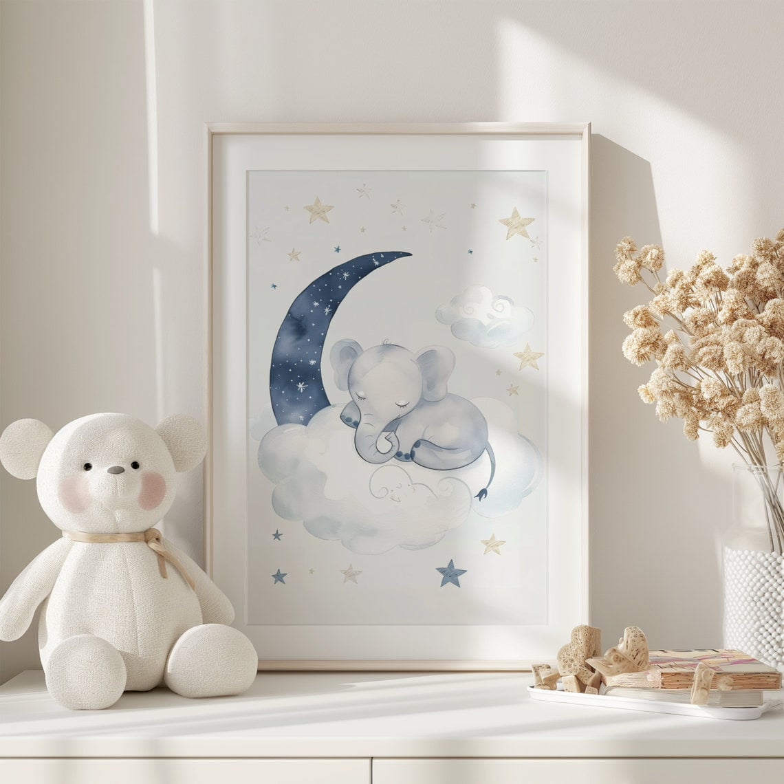 Elephant Sleepy Moon Nursery Decor, Cute Baby Elephant Kids Room Wall ...
