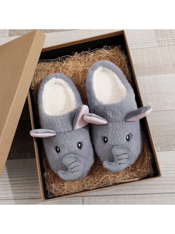 Elephant Slippers for Women, Closed Toe Faux Fur House Shoes with 3D Trunk and Ears, Novelty Grey Flat Non-Slip Bedroom Mule Slippers for Gifts Box