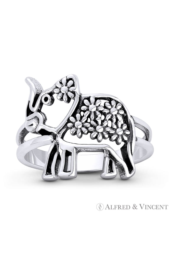 Elephant Spirit Animal & Flower Stackable Right-Hand Statement Ring in Oxidized .925 Sterling Silver