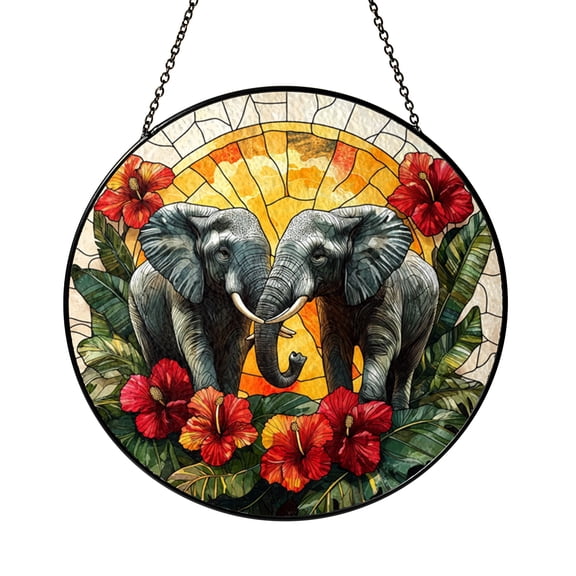 Elephant Stained Glass Suncatcher – Jungle Sunset Window Art, Safari Animal Glass Hanging, Exotic Wildlife Home Decor Gift
