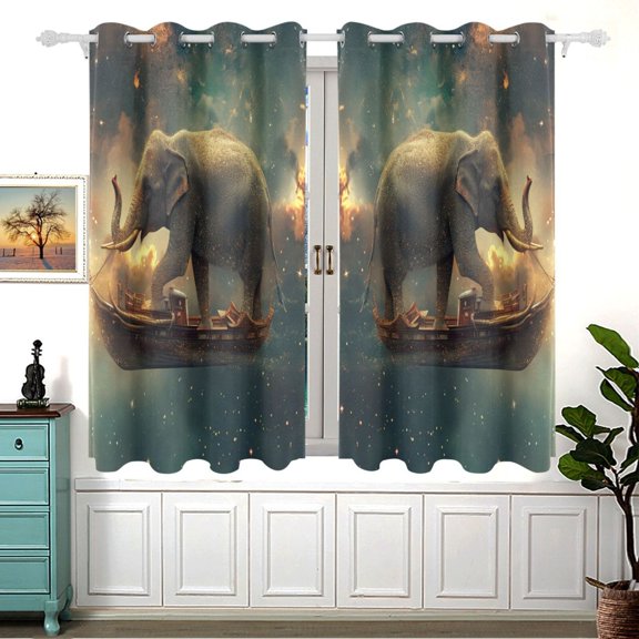 Elephant Starry Sky Ship Curtain Black Out Thermal Insulation Curtains Aesthetic 54 Inch Length for Bedroom Living Room 2 panels set