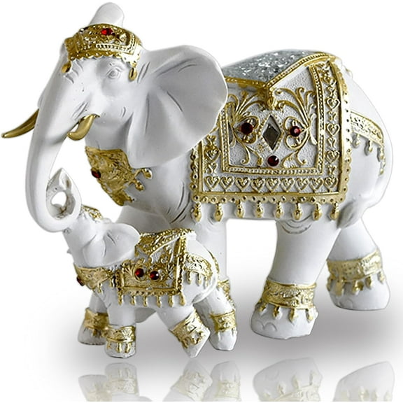 Elephant Statue African White Table Sculpture, Desktop Art Figures Great Gift Animal Figurines Home Décor, Crafts Decorations for Living Room Party Foyer (White-Elephant)