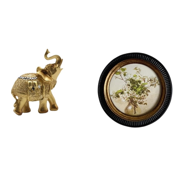 Elephant Statue Desktop Figurine Round Picture Frame Resin Material European Retro Design for Home Office Decor