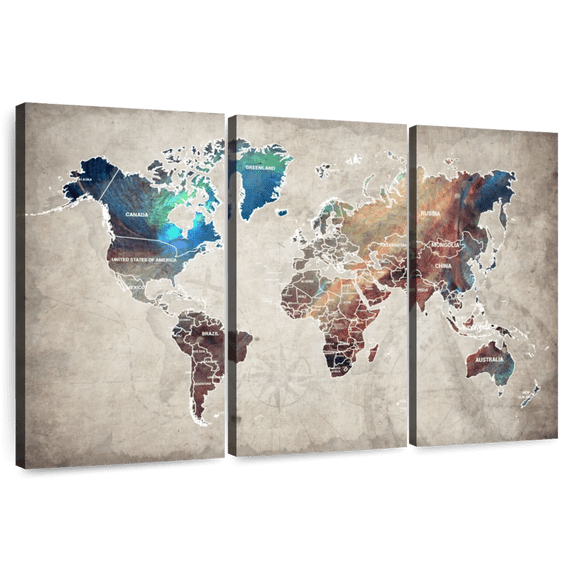 Elephant Stock Abalone World Map Wall Art - Horizontal Multi Panel Canvas - Living Room Wall Decor - Map Multi Panel - Beige And Brown Decor - 45" x 28"