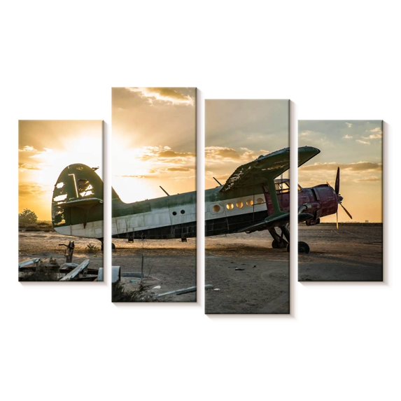 Elephant Stock Abandoned Old Plane Wall Art - Horizontal Multi Panel Canvas - Living Room Wall Decor - Transportation Multi Panel - Beige And Green Decor - 24" x 14"