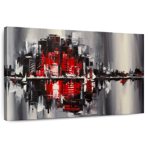 Elephant Stock Abstract Cityscape Wall Art - Horizontal Canvas Wall Art - Living Room Wall Decor - City Canvas - Red And Gray Decor - 39" x 26"