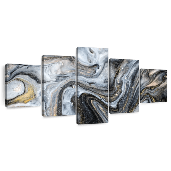 Elephant Stock Abstract Flow Wall Art - Horizontal Multi Panel Canvas - Living Room Wall Decor - Abstract Multi Panel - Gold And Black Decor - 55" x 24"