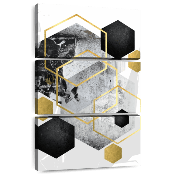 Elephant Stock Abstract Geo Black Gold Wall Art - Vertical Multi Panel Canvas - Living Room Wall Decor - Abstract Multi Panel - Black And Gray Decor By Urban Epiphany - 42" x 65"