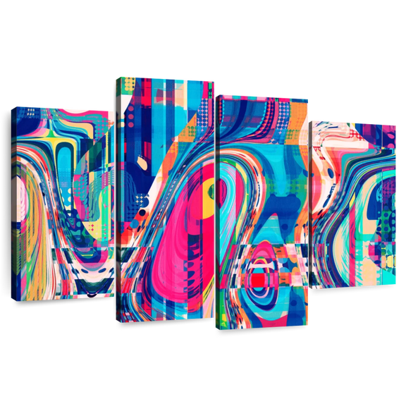 Elephant Stock Abstract Geometric Collage Wall Art - Horizontal Multi Panel Canvas - Living Room Wall Decor - Abstract Multi Panel - Blue And Orange Decor - 36" x 22"