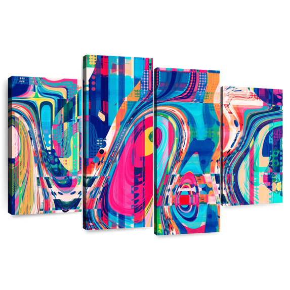 Elephant Stock Abstract Geometric Collage Wall Art - Horizontal Multi Panel Canvas - Living Room Wall Decor - Abstract Multi Panel - Blue And Orange Decor - 84" x 54"