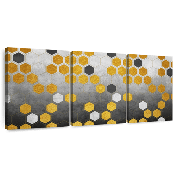Elephant Stock Abstract Geometric Hexagons Wall Art - Horizontal Multi Panel Canvas - Living Room Wall Decor - Abstract Multi Panel - Orange And Gold Decor - 74" x 36"