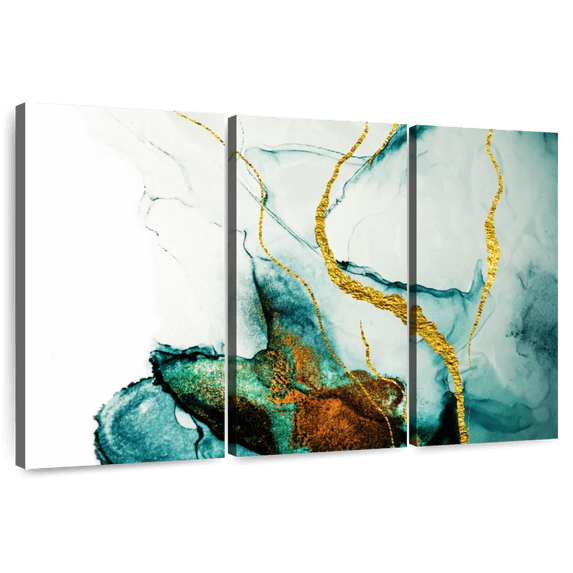 Elephant Stock Abstract Gold Streaks Wall Art - Horizontal Multi Panel Canvas - Living Room Wall Decor - Abstract Multi Panel - White And Teal Decor - 38" x 24"