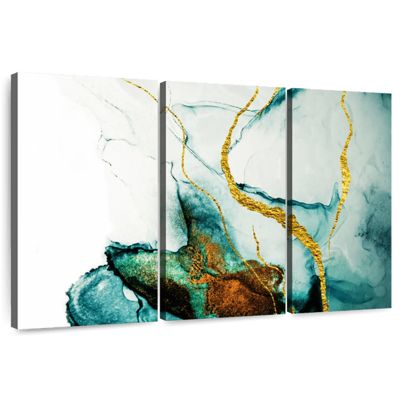Elephant Stock Abstract Gold Streaks Wall Art - Horizontal Multi Panel Canvas - Living Room Wall Decor - Abstract Multi Panel - White And Teal Decor - 74" x 48"