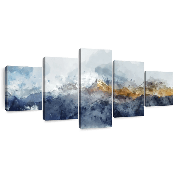 Elephant Stock Abstract Mountain Range Wall Art - Horizontal Multi Panel Canvas - Living Room Wall Decor - Abstract Multi Panel - Gray And Blue Decor - 92" x 42"