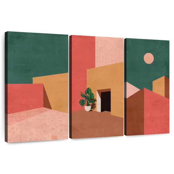 Elephant Stock Abstract Summer Home Wall Art - Horizontal Multi Panel Canvas - Living Room Wall Decor - Abstract Multi Panel - Teal And Pink Decor - 65" x 42"