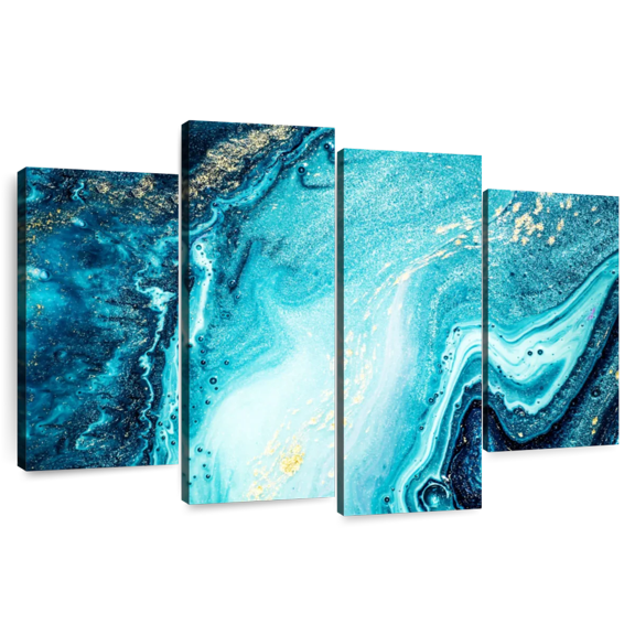 Elephant Stock Abstract Water Wall Art - Horizontal Multi Panel Canvas - Bedroom Wall Decor - Abstract Multi Panel - Blue And Gold Decor - 36" x 22"