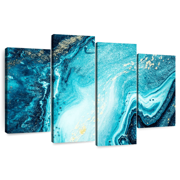 Elephant Stock Abstract Water Wall Art - Horizontal Multi Panel Canvas - Bedroom Wall Decor - Abstract Multi Panel - Blue And Gold Decor - 84" x 54"