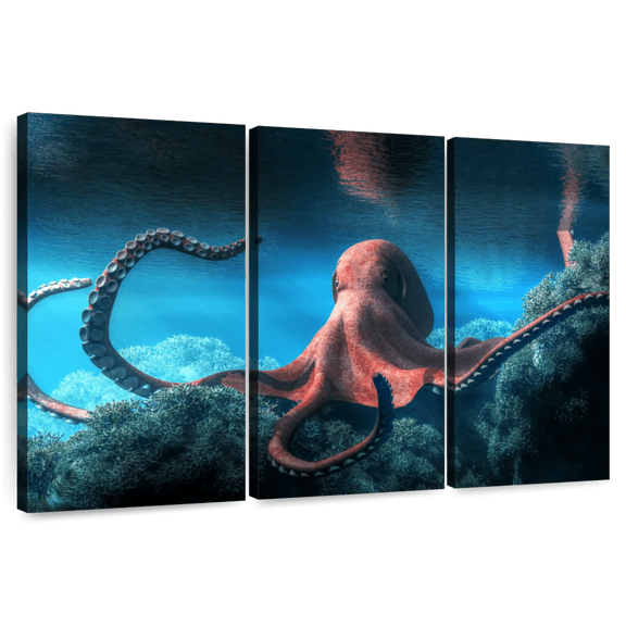 Elephant Stock Adult Octopus Wall Art - Horizontal Multi Panel Canvas - Living Room Wall Decor - Animal Multi Panel - Black And Teal Decor - 74" x 48"