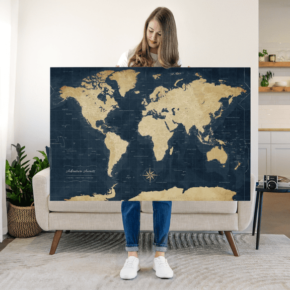 Elephant Stock Adventure Awaits World Map With Push Pins Wall Art - Map Canvas Art - 12" x 8"