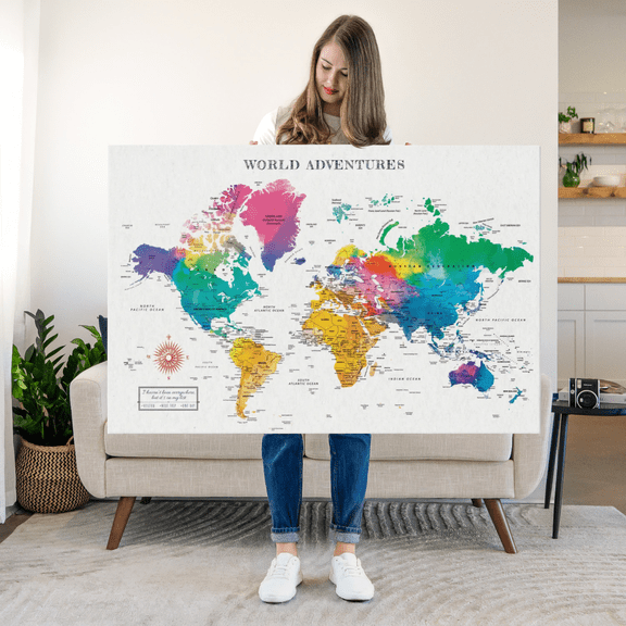 Elephant Stock Adventures I Push Pin World Map Wall Art - Map Canvas Art - 36" x 24"