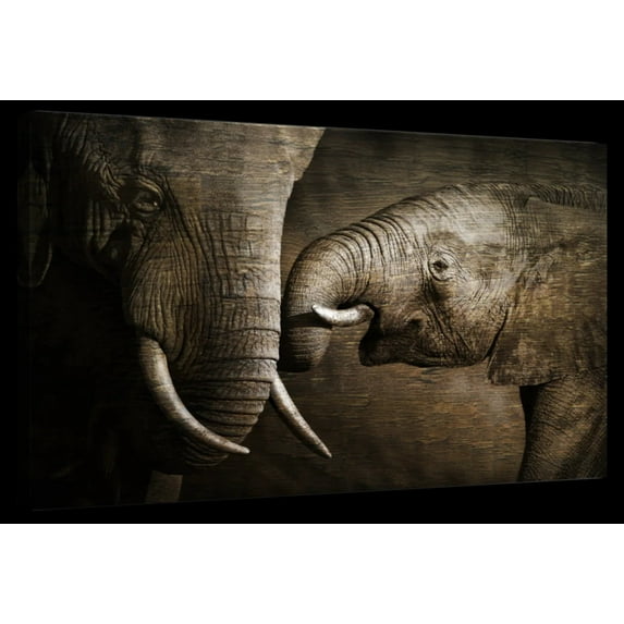 Elephant Stock Affectionate Elephants Wall Art - Horizontal Canvas Wall Art - Living Room Wall Decor - Photography Animal Canvas - Brown And Gray Decor - 39" x 26"