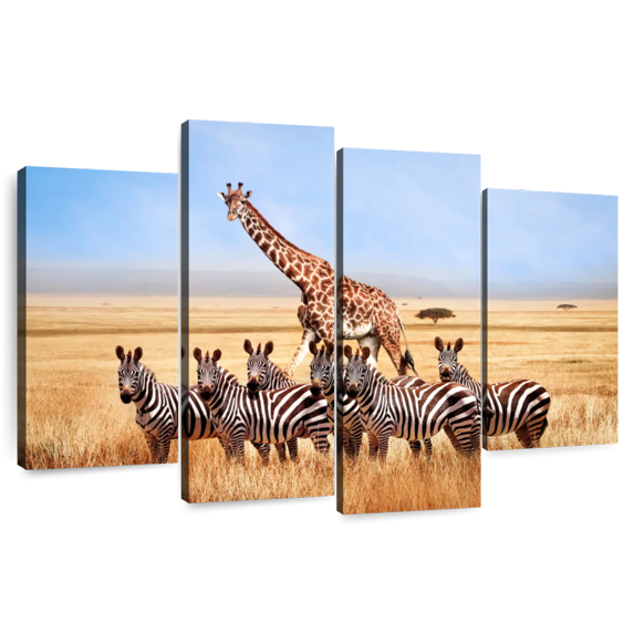 Elephant Stock African Zebras And Giraffe Wall Art - Horizontal Multi Panel Canvas - Living Room Wall Decor - Animal Multi Panel - Orange And Brown Decor - 84" x 54"