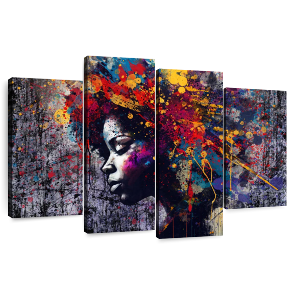 Elephant Stock Afro Abstract Wall Art - Horizontal Multi Panel Canvas - Living Room Wall Decor - People Multi Panel - Black And Teal Decor - 75" x 48"