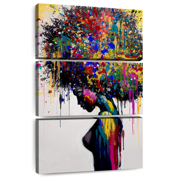 Elephant Stock Afro Color Splash Wall Art - Vertical Multi Panel Canvas - Living Room Wall Decor - People Multi Panel - Beige And Yellow Decor - 42" x 65"